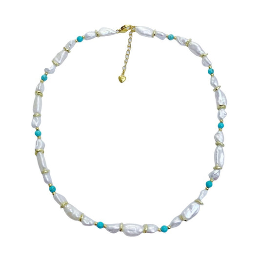 Handmade natural freshwater baroque pearl necklace with turquoise stone