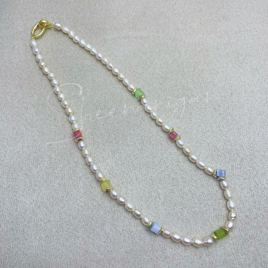 Handmade natural freshwater baroque pearl necklace with colorful stones