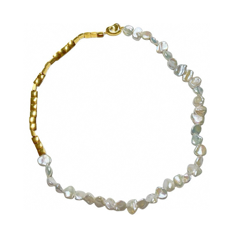 Handmade natural baroque necklace with gold-toned metal beads - Sheenanigan