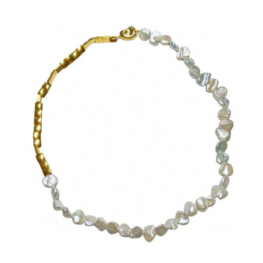 Handmade natural baroque necklace with gold-toned metal beads - Sheenanigan