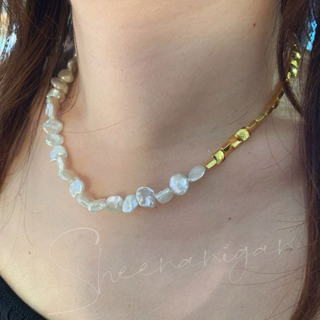 Handmade natural baroque necklace with gold-toned metal beads - Sheenanigan