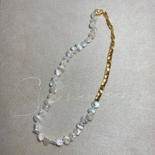 Handmade natural baroque necklace with gold-toned metal beads - Sheenanigan