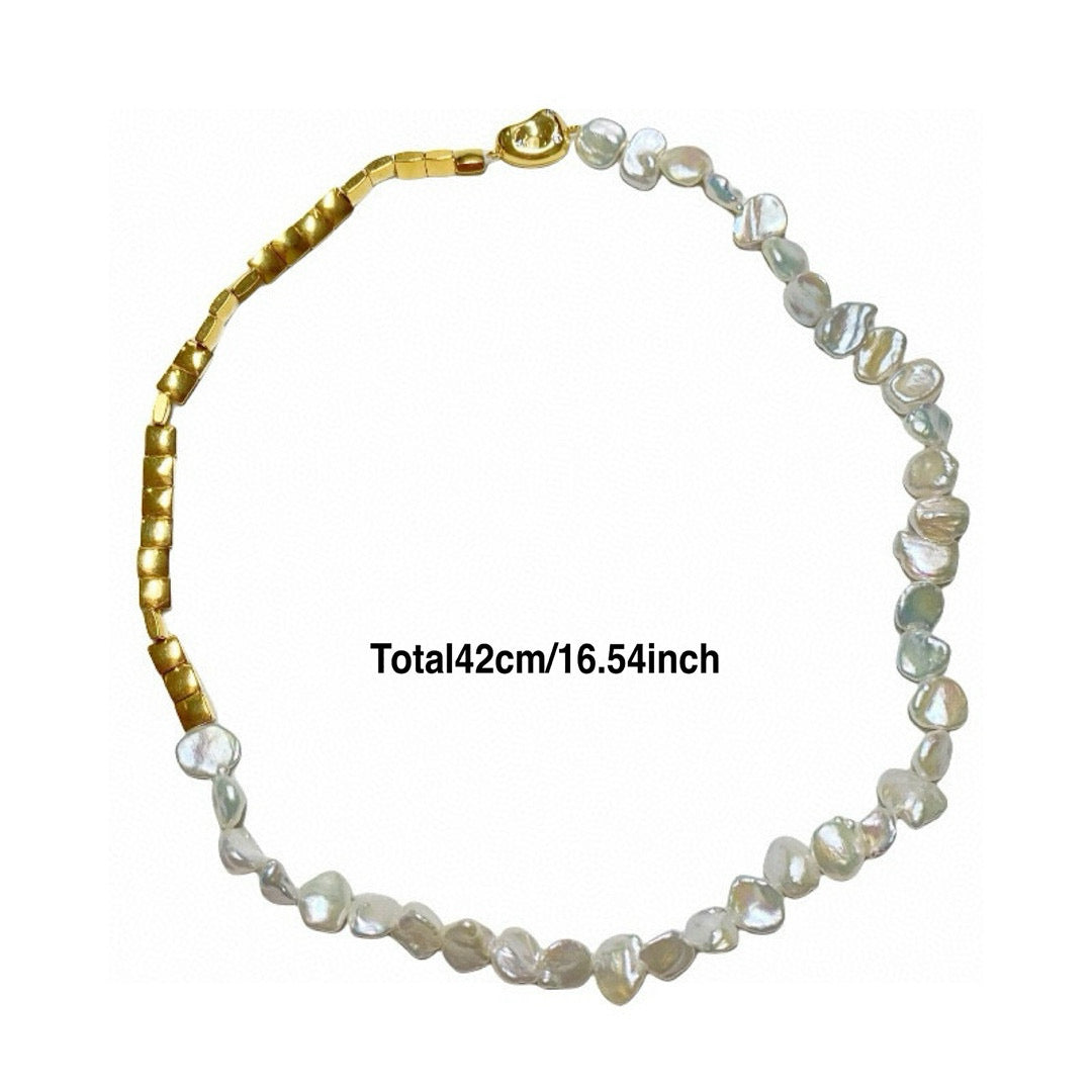 Handmade natural baroque necklace with gold-toned metal beads - Sheenanigan