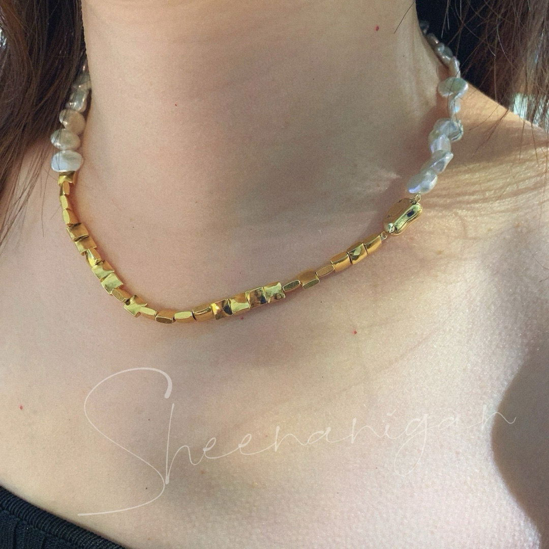 Handmade natural baroque necklace with gold-toned metal beads - Sheenanigan
