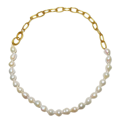 Handmade natural baroque pearl necklace with gold chain link - Sheenanigan