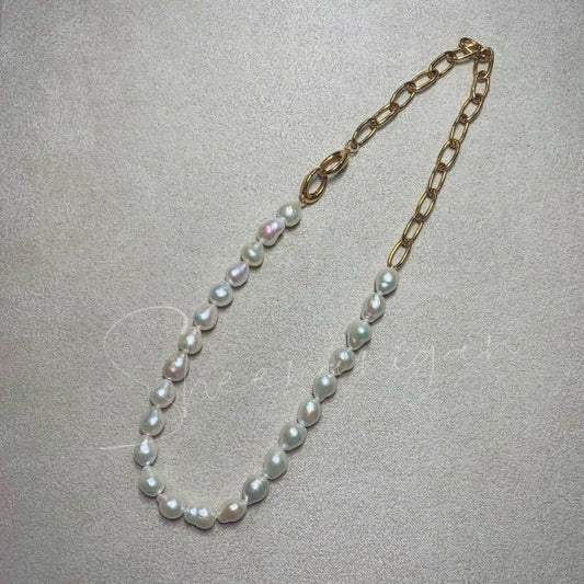 Handmade natural baroque pearl necklace with gold chain link - Sheenanigan