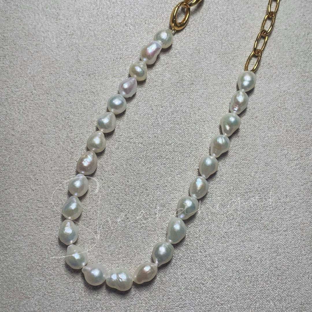 Handmade natural baroque pearl necklace with gold chain link - Sheenanigan
