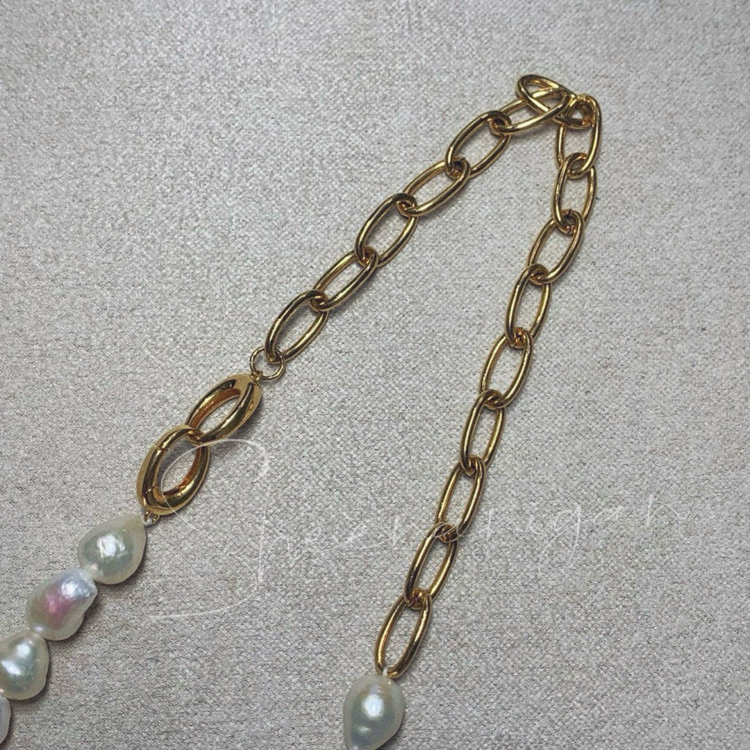 Handmade natural baroque pearl necklace with gold chain link - Sheenanigan