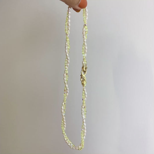 Handmade natural freshwater two-strand pearls necklace with Czech-imported yellow crystal