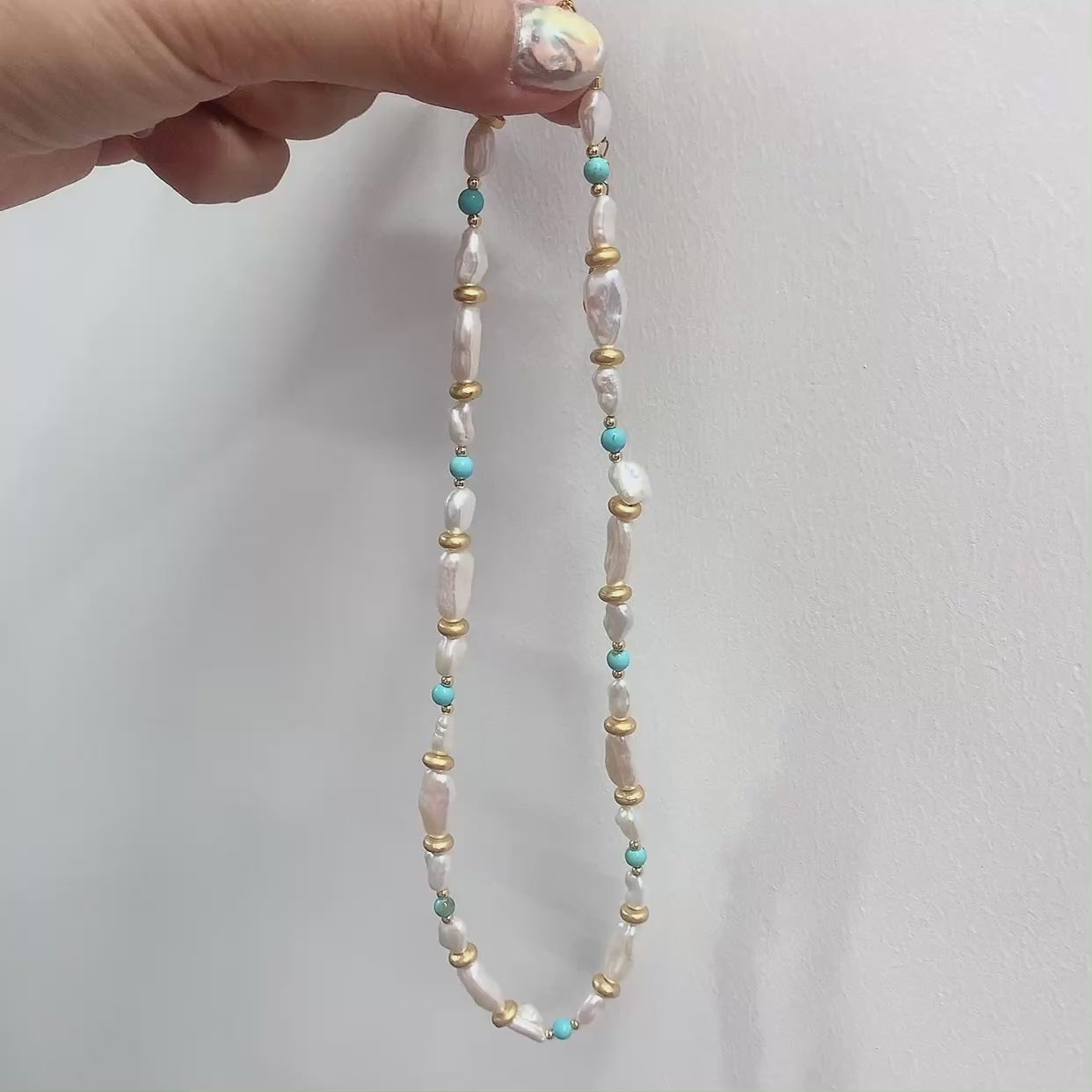 Handmade natural baroque pearl necklace with Turquoise