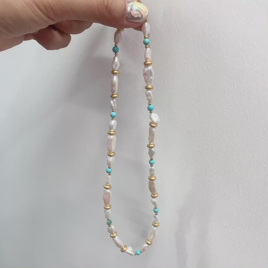 Handmade natural baroque pearl necklace with Turquoise