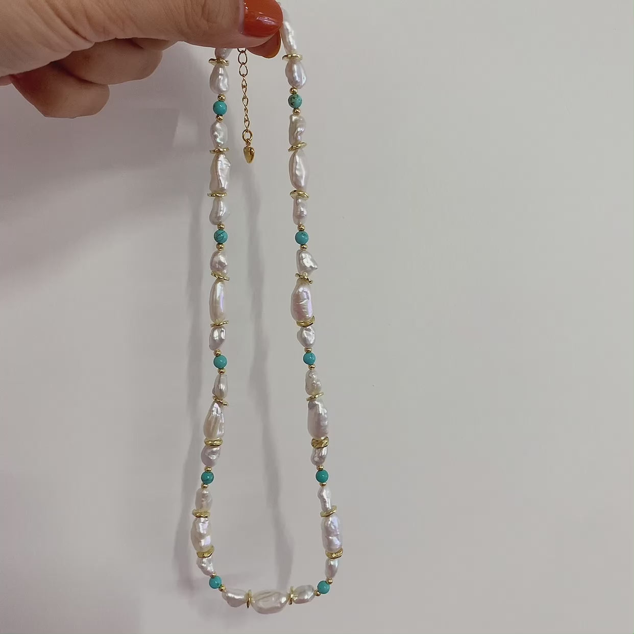 Handmade natural freshwater baroque pearl necklace with turquoise stone