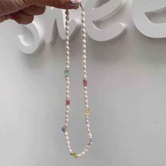 Handmade natural freshwater baroque pearl necklace with colorful stones