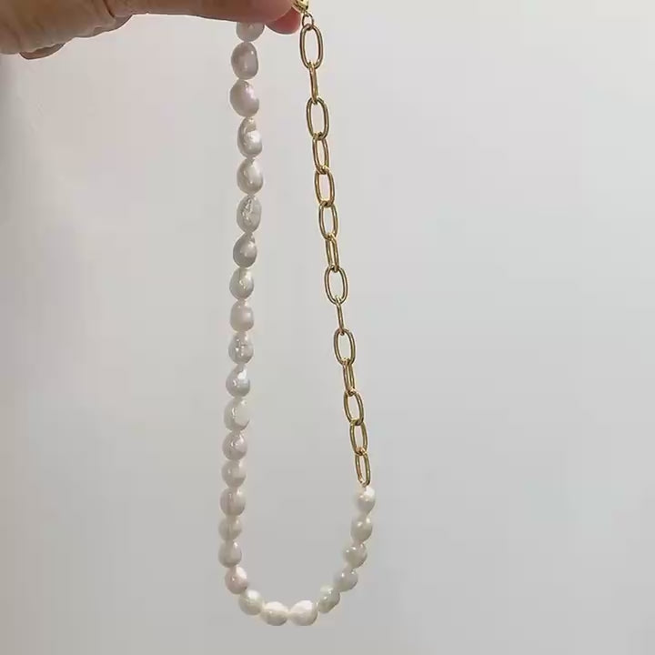 Handmade natural baroque pearl necklace with gold chain link