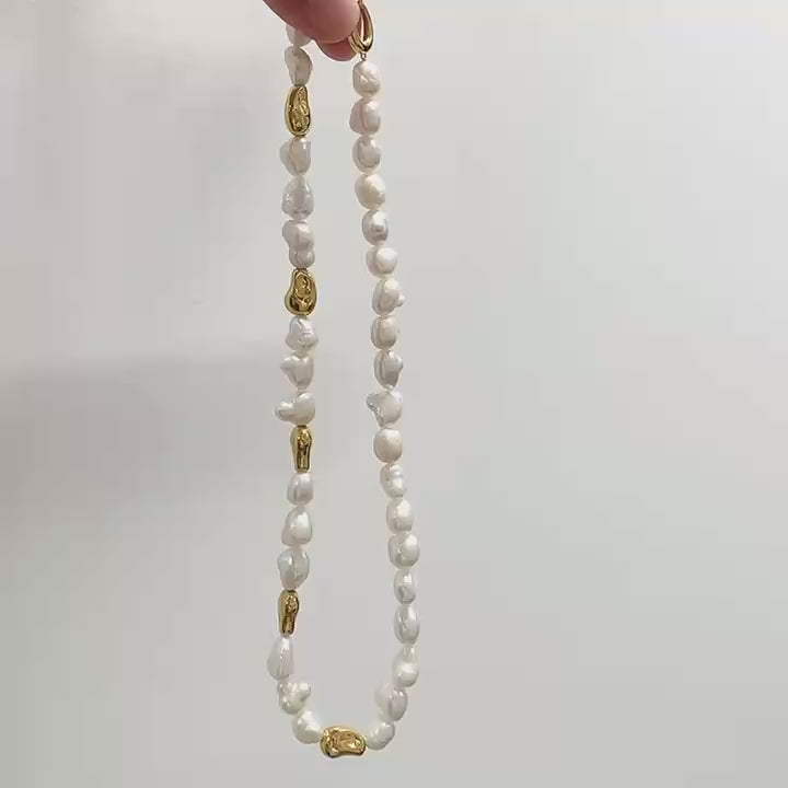 Handmade Baroque Pearl Necklace with gold-colored beads